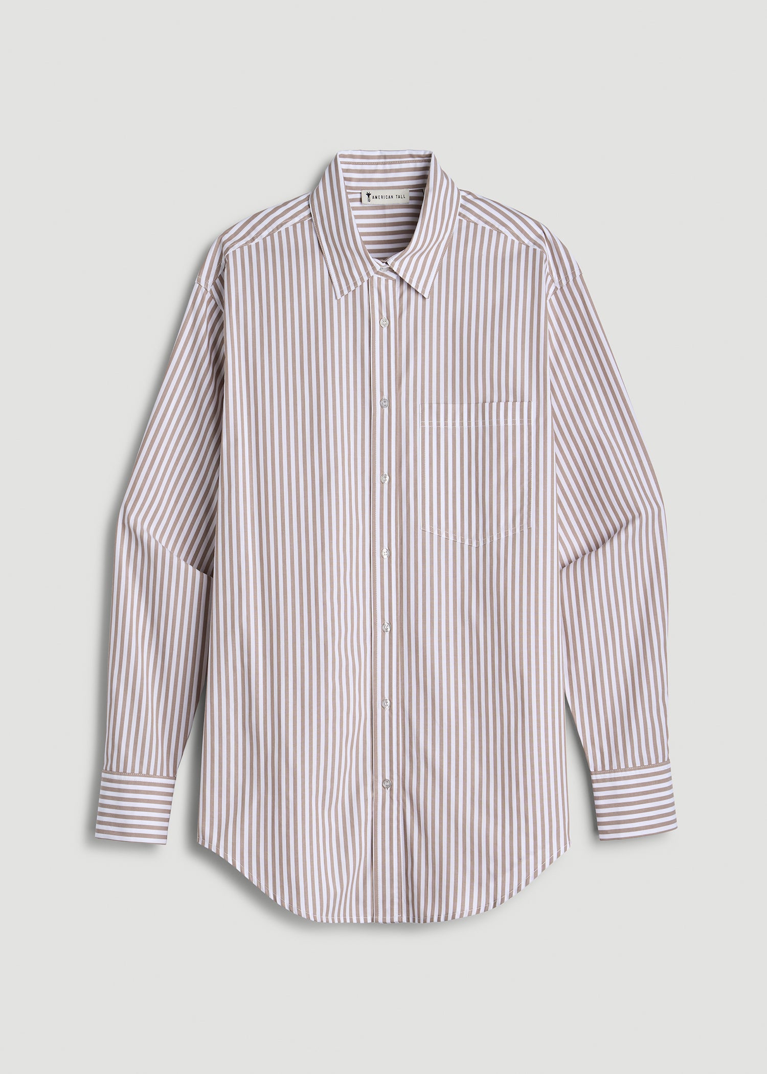 Relaxed Poplin Button-Up Shirt for Tall Women in Brown and White Stripe