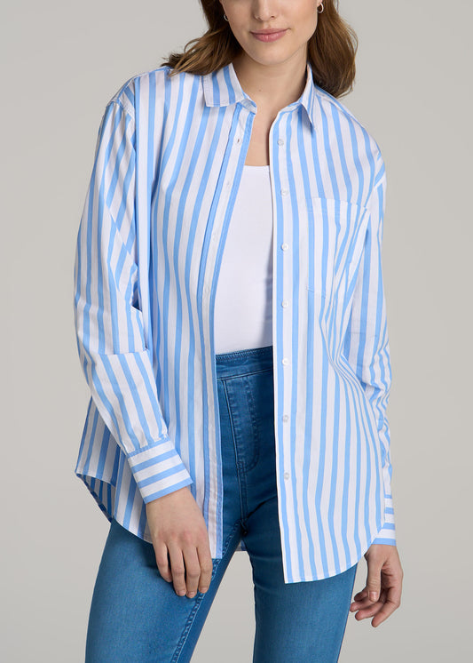 Relaxed Poplin Button Up Shirt for Tall Women in Wide Blue Stripe