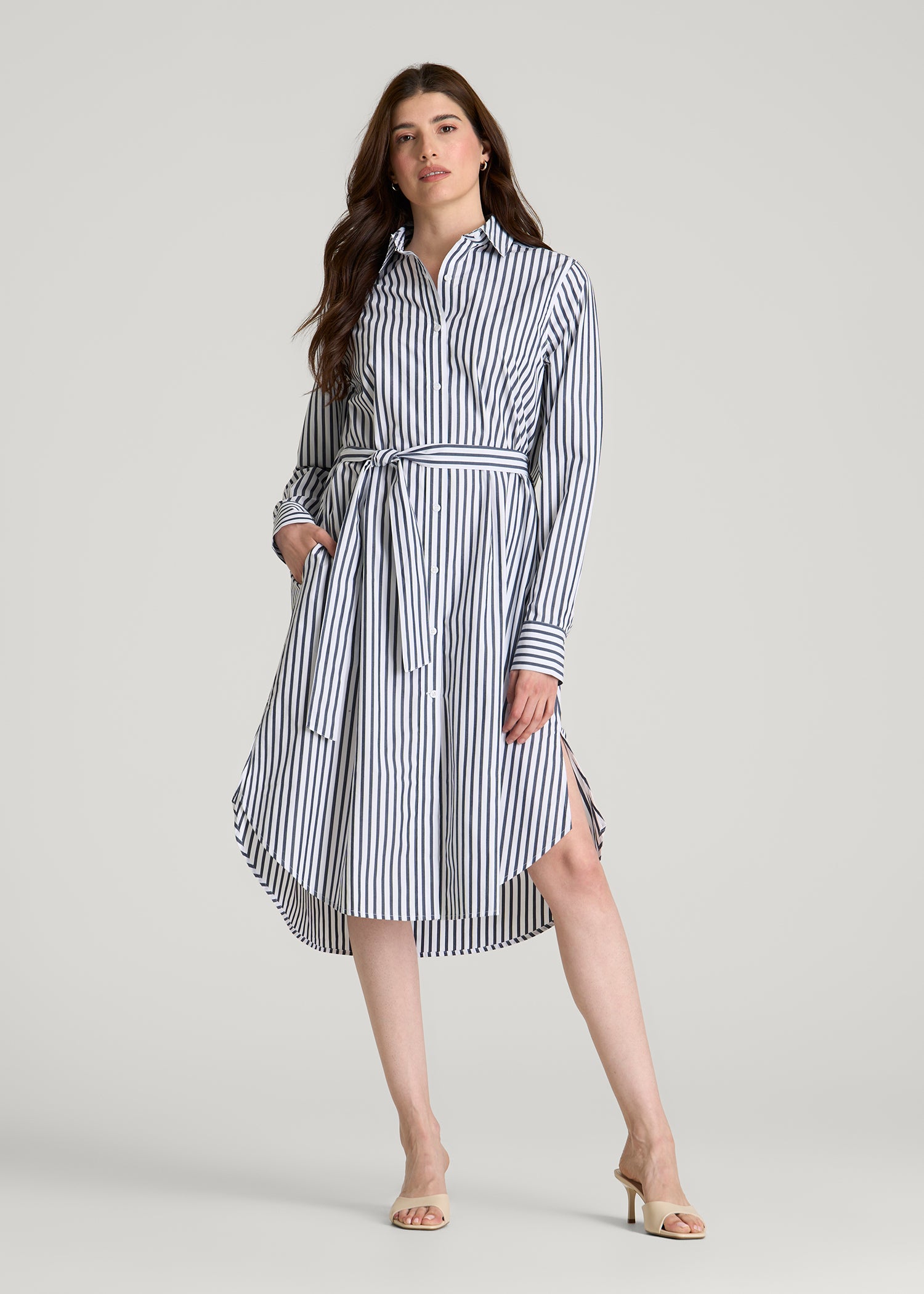Relaxed Poplin Shirtdress for Tall Women in White and Navy Stripe XL / Tall / White and Navy Stripe