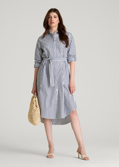 Relaxed Poplin Shirtdress for Tall Women in White and Navy Stripe