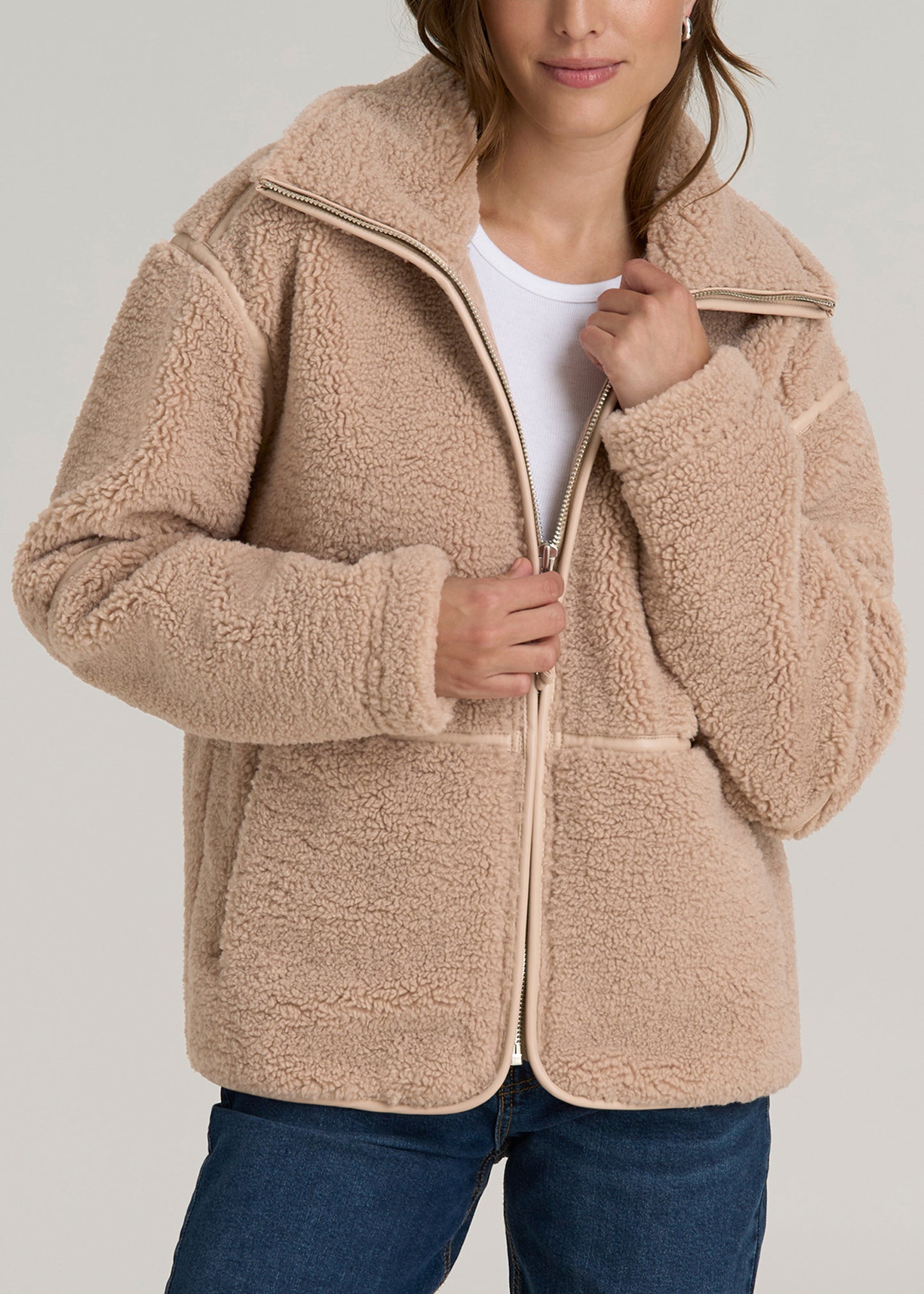 Relaxed Shearling Jacket for Tall Women in Warm Taupe