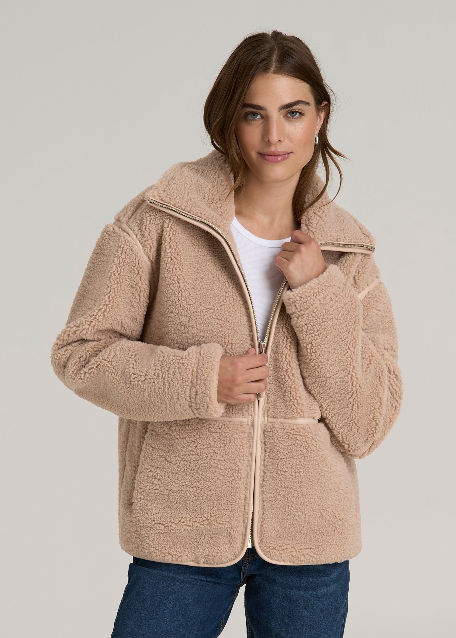Relaxed Shearling Jacket for Tall Women in Warm Taupe