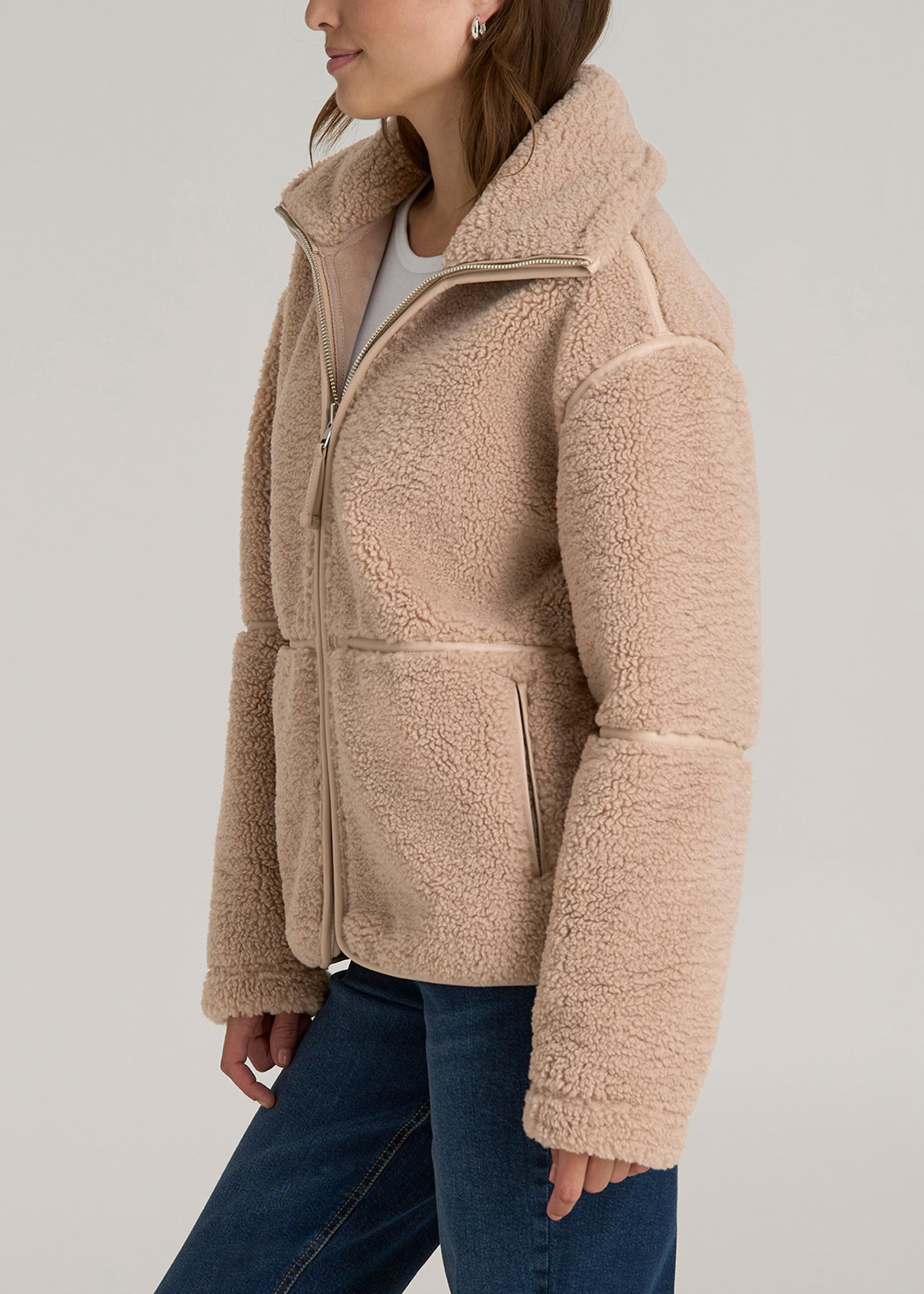 Relaxed Shearling Jacket for Tall Women in Warm Taupe