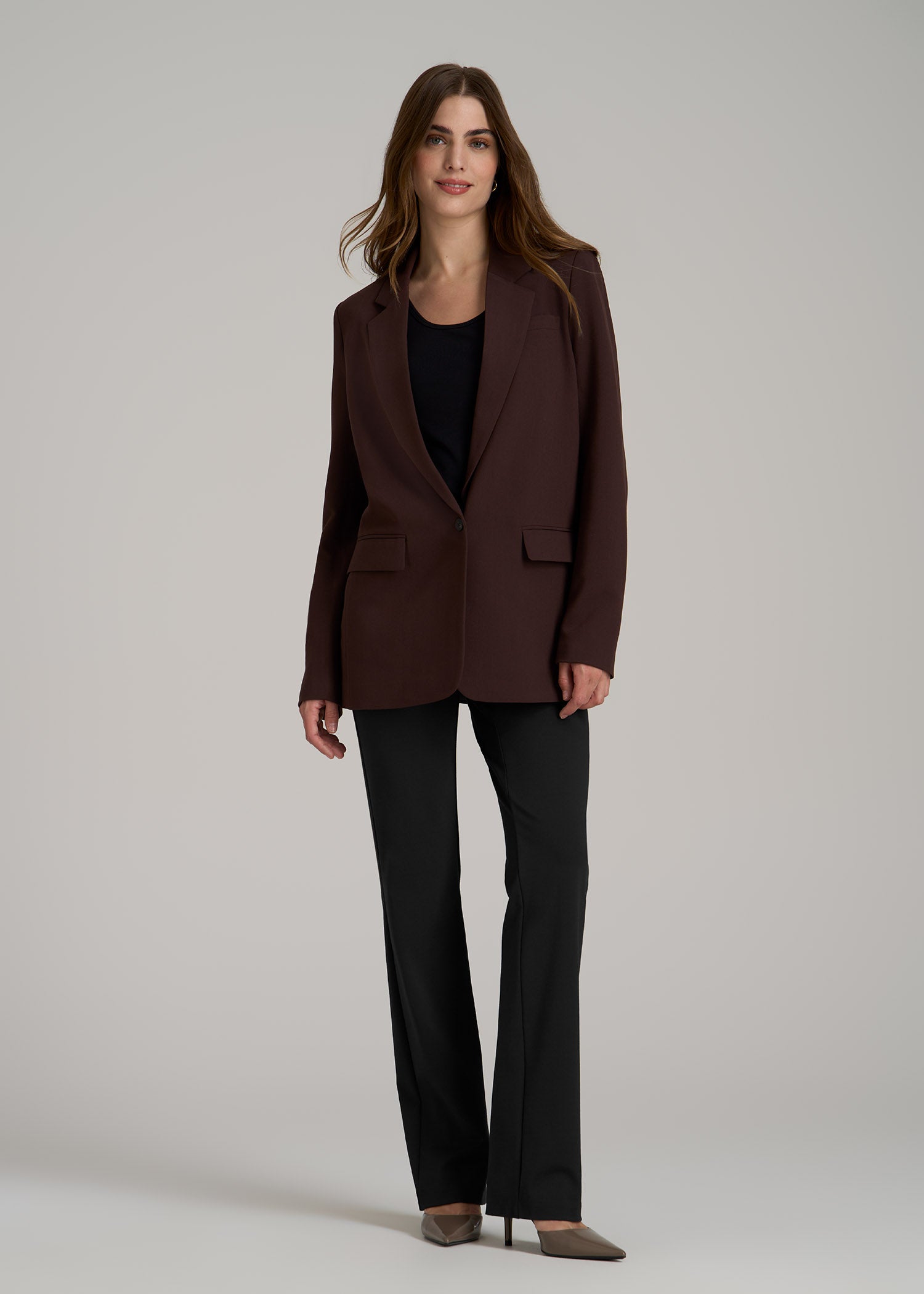 Boyfriend Fit Single-Button Blazer for Tall Women in Chestnut