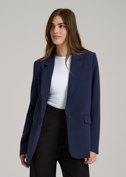 Boyfriend Fit Single-Button Blazer for Tall Women in Navy