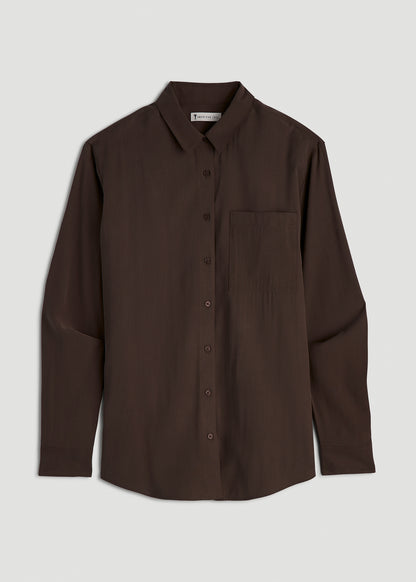 Relaxed Button-Up Single-Pocket Blouse for Tall Women in Espresso