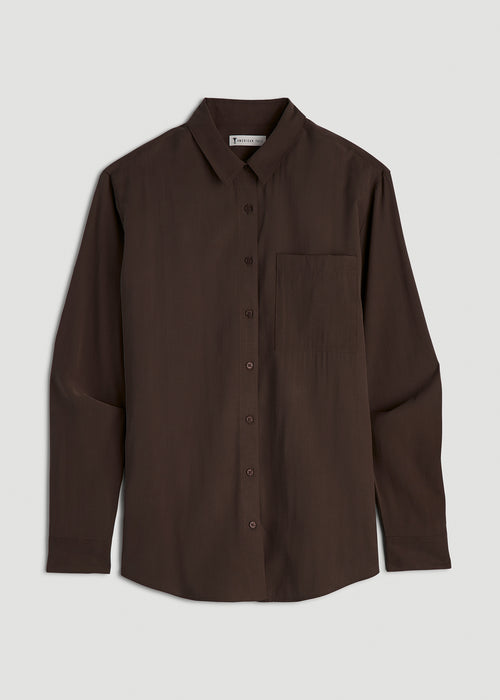 Relaxed Button-Up Single-Pocket Blouse for Tall Women in Espresso