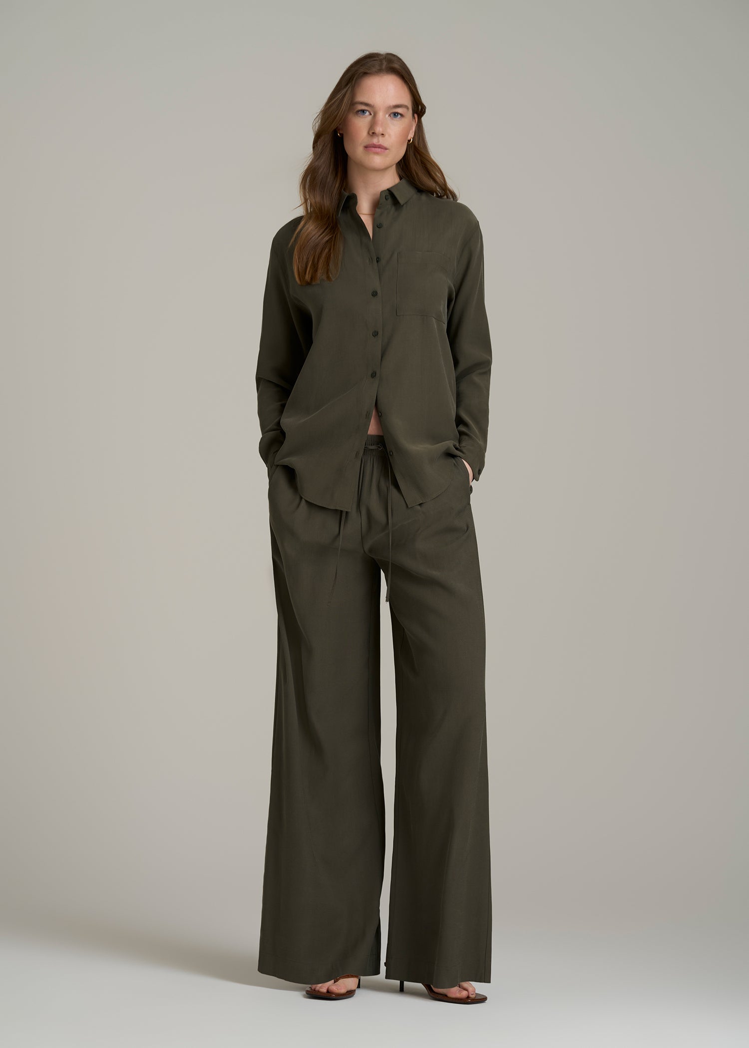Relaxed Button-Up Single-Pocket Blouse for Tall Women in Forest Night