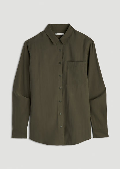 Relaxed Button-Up Single-Pocket Blouse for Tall Women in Forest Night
