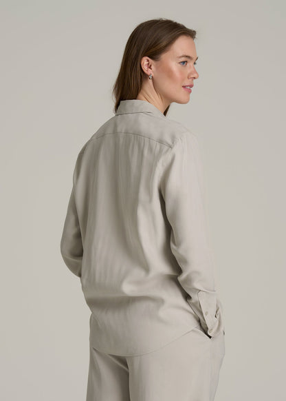 Relaxed Button-Up Single-Pocket Blouse for Tall Women in Stone