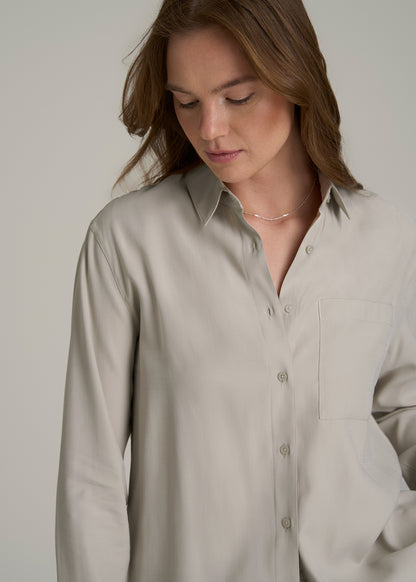 Relaxed Button-Up Single-Pocket Blouse for Tall Women in Stone