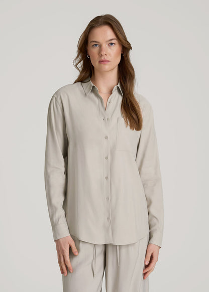 Relaxed Button-Up Single-Pocket Blouse for Tall Women in Stone