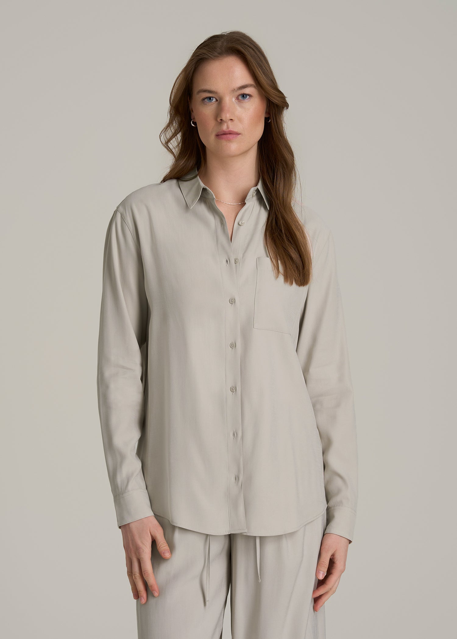 Relaxed Button-Up Single-Pocket Blouse for Tall Women in Stone