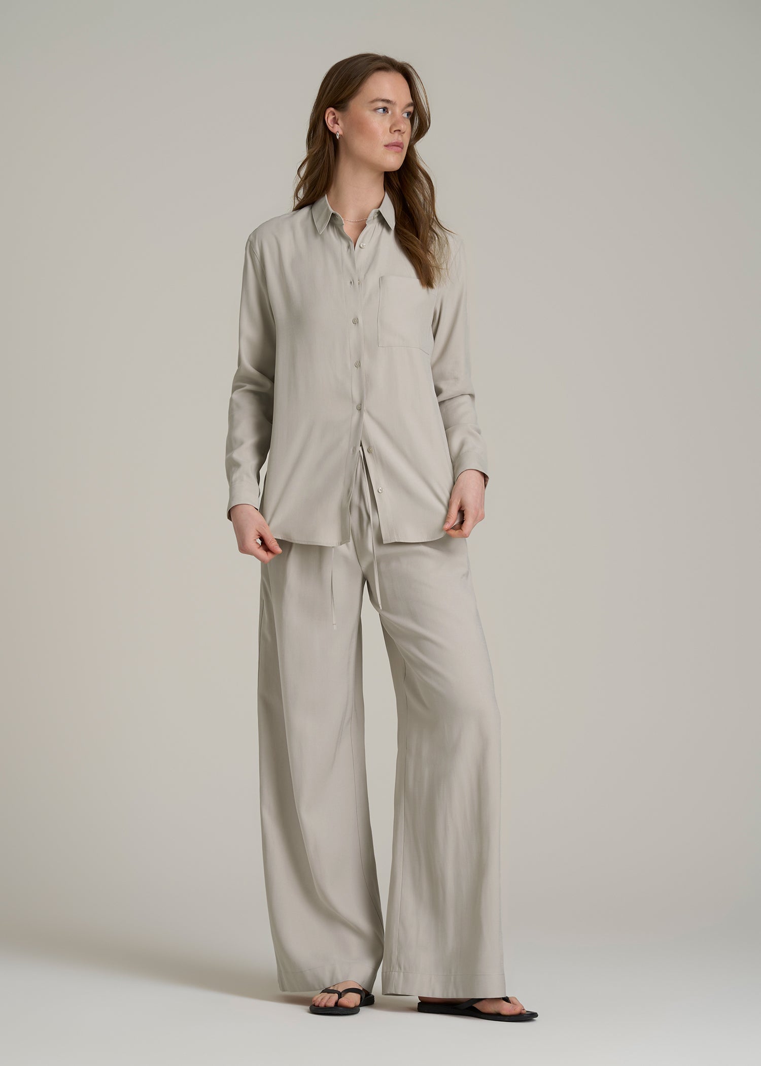 Relaxed Button-Up Single-Pocket Blouse for Tall Women in Stone