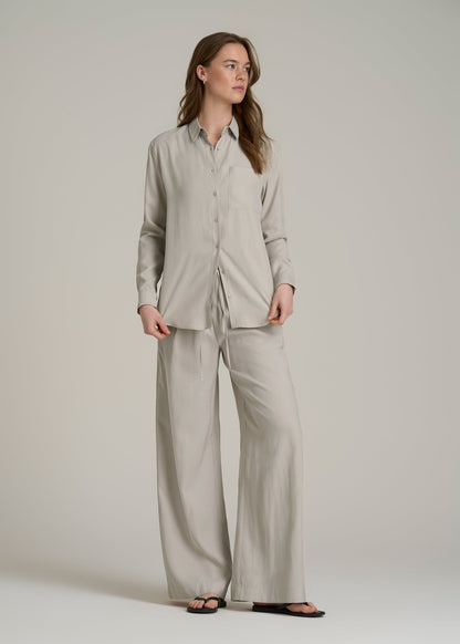Relaxed Button-Up Single-Pocket Blouse for Tall Women in Stone