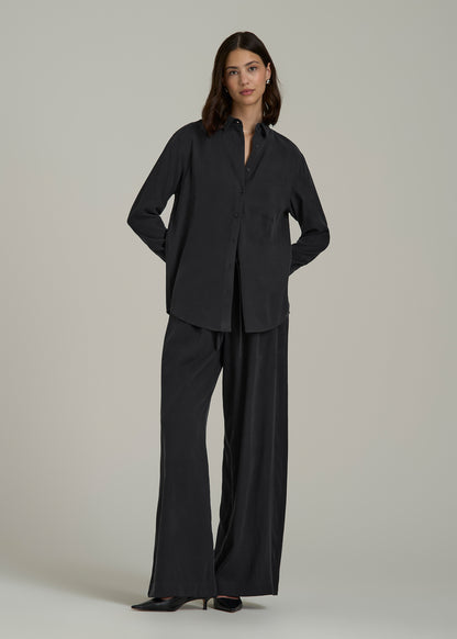 Relaxed Button-Up Single-Pocket Blouse for Tall Women in Vintage Black