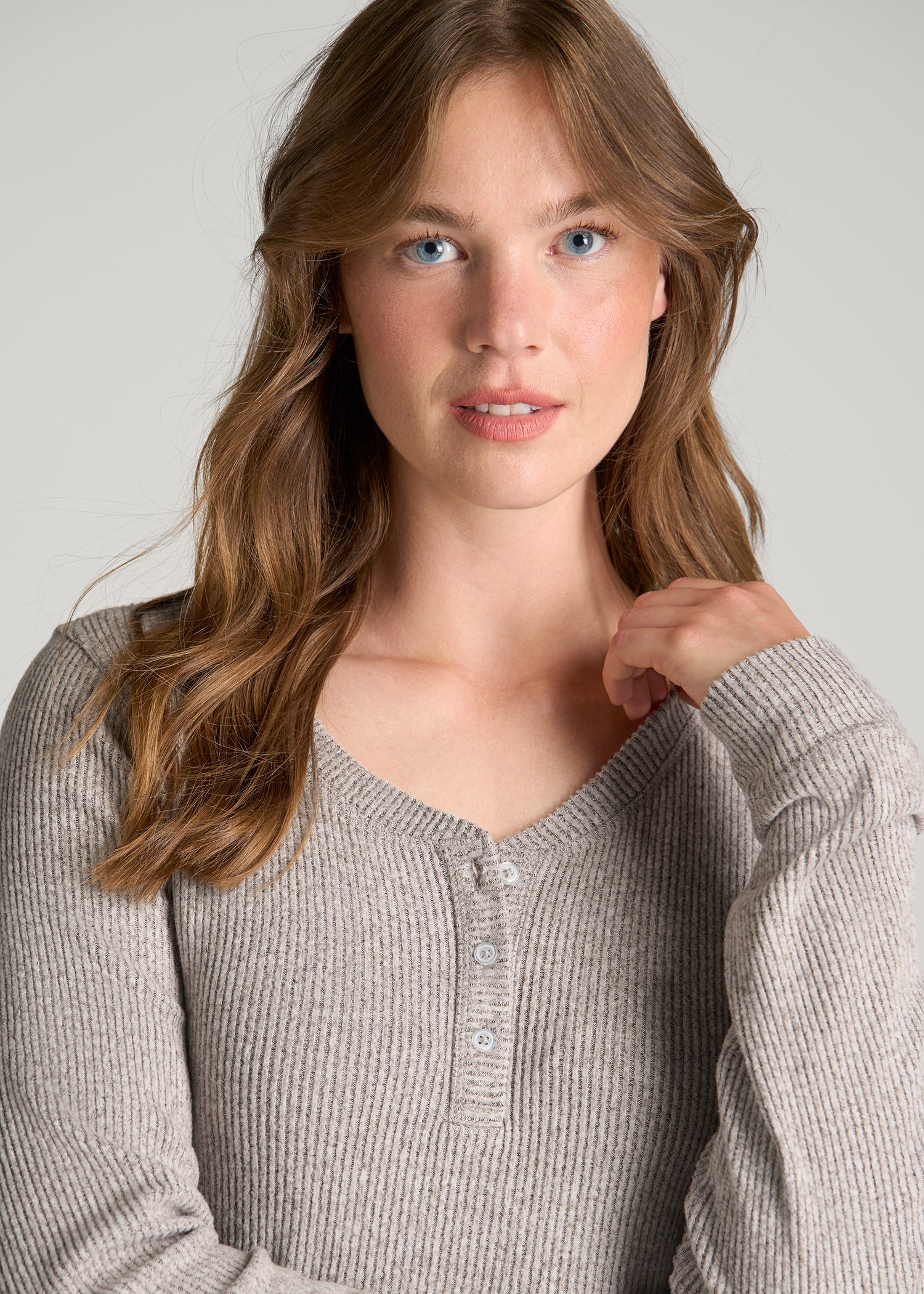 Ribbed Henley Lounge Top for Tall Women in Coffee Quartz Mix