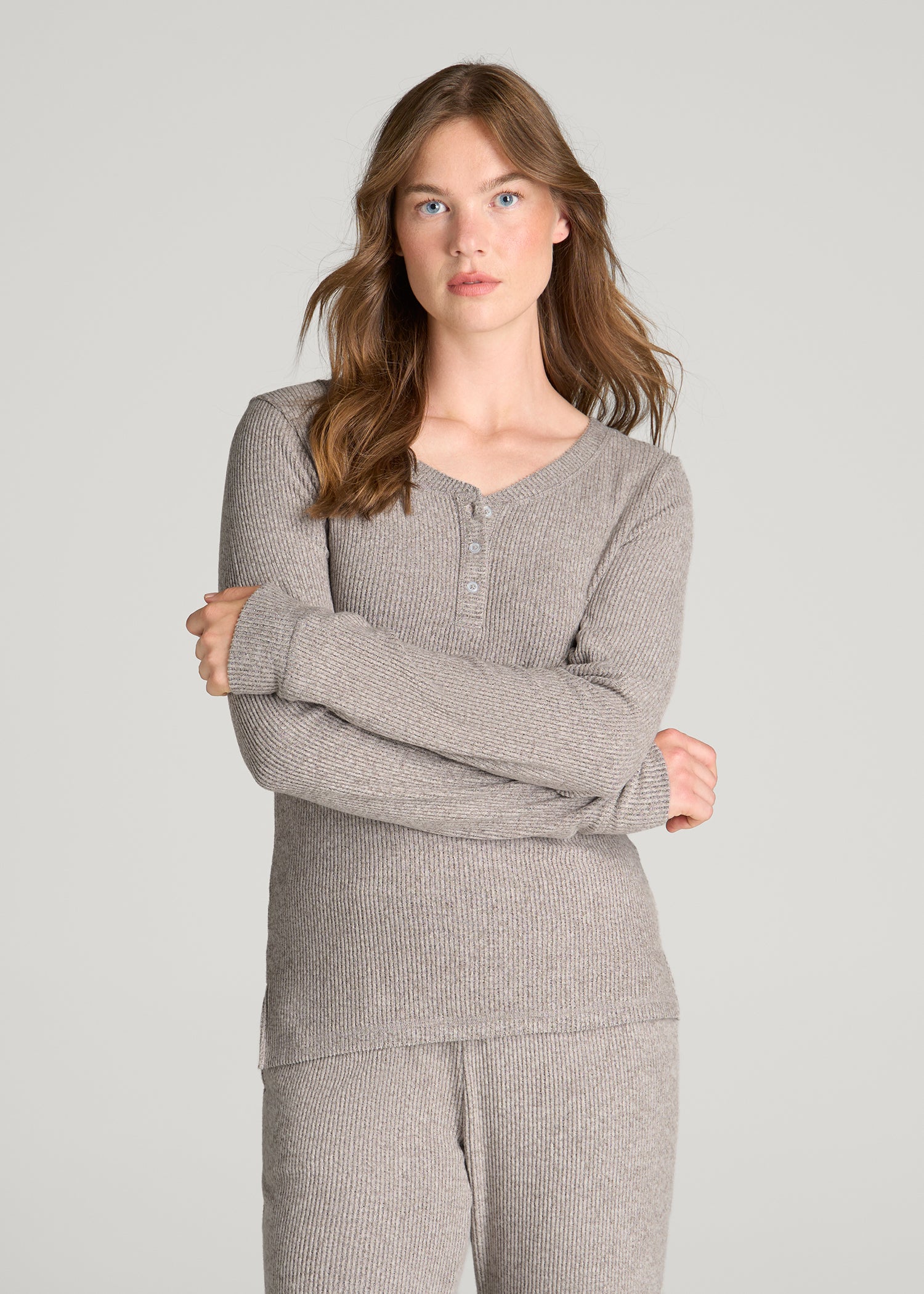 Ribbed Henley Lounge Top for Tall Women in Coffee Quartz Mix