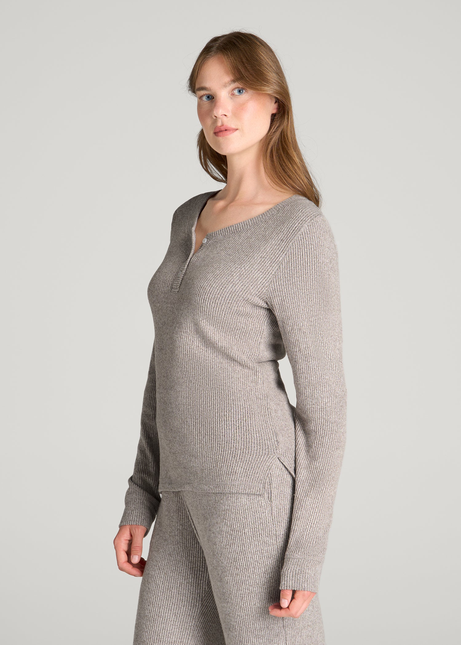 Ribbed Henley Lounge Top for Tall Women in Coffee Quartz Mix