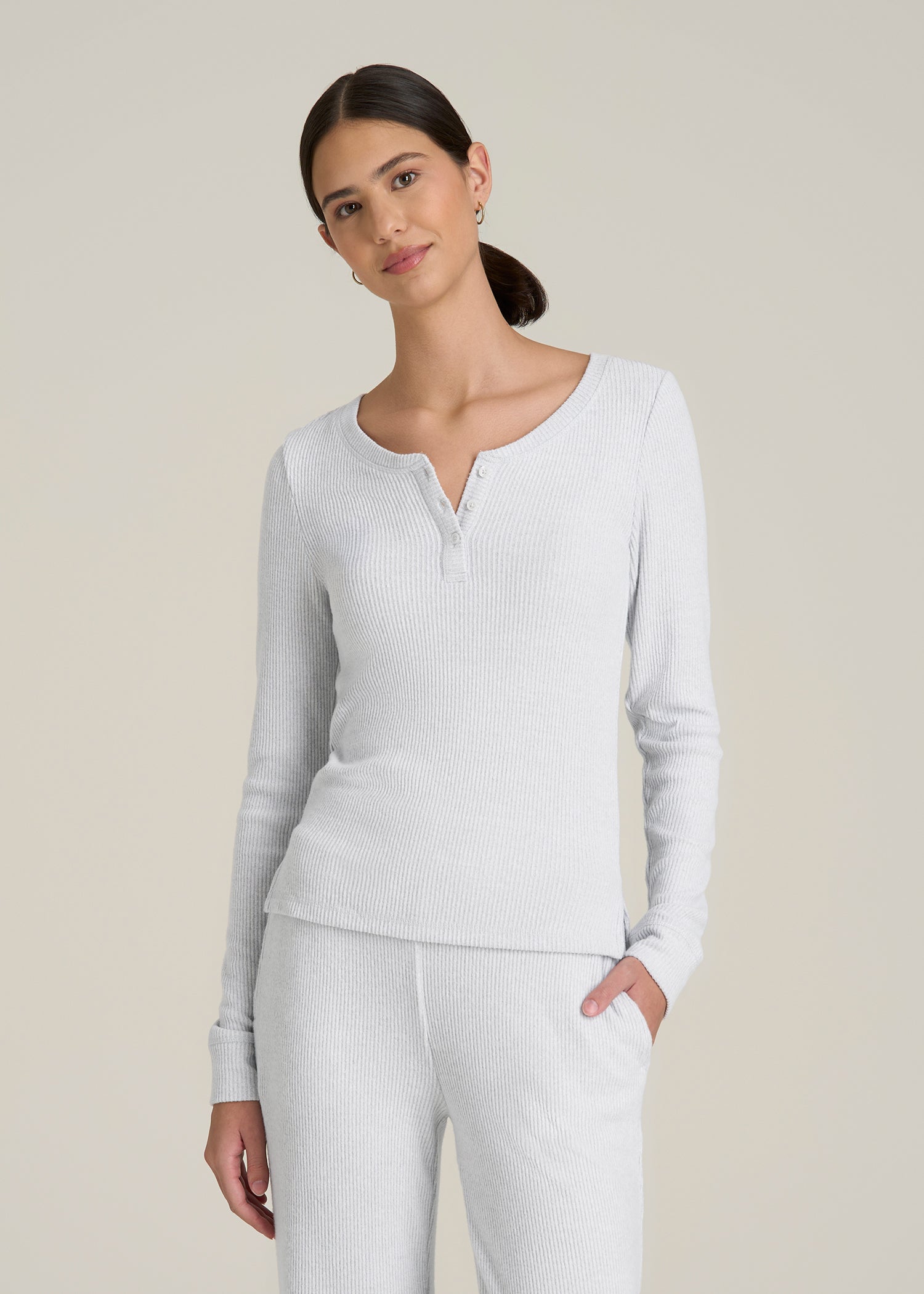Ribbed Henley Top for Tall Women in Fog Grey Mix