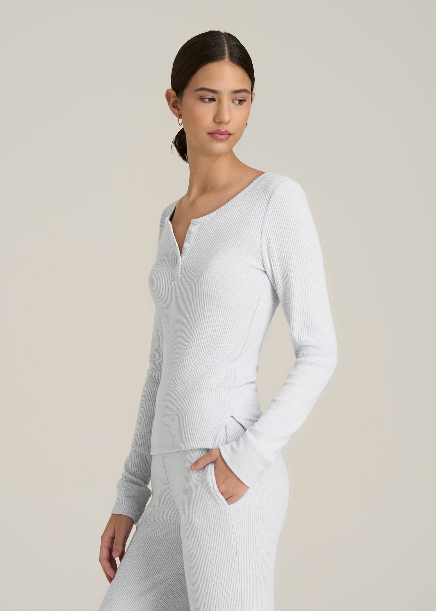 Ribbed Henley Top for Tall Women in Fog Grey Mix