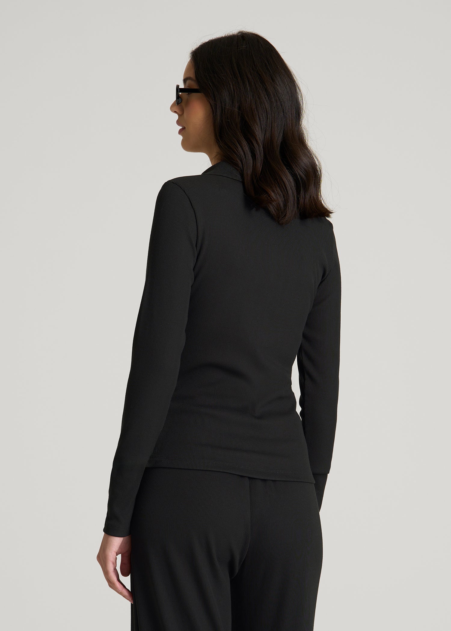 Ribbed Knit Long Sleeve Polo for Tall Women in Deep Black