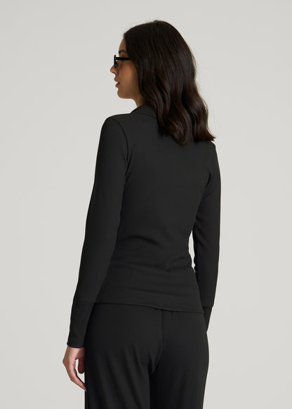 Ribbed Knit Long Sleeve Polo for Tall Women in Deep Black