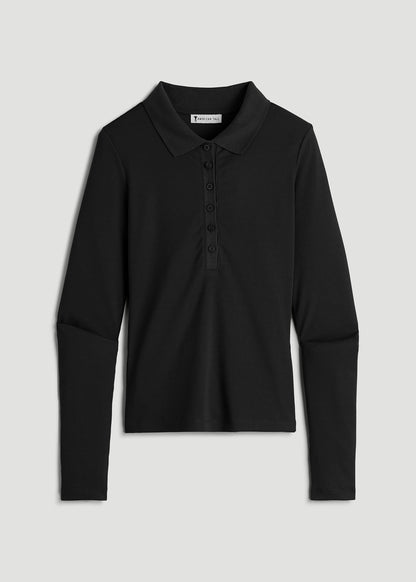 Ribbed Knit Long Sleeve Polo for Tall Women in Deep Black