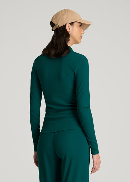 Ribbed Knit Long Sleeve Polo for Tall Women in Deep Teal