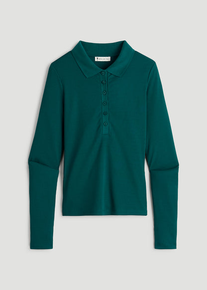 Ribbed Knit Long Sleeve Polo for Tall Women in Deep Teal