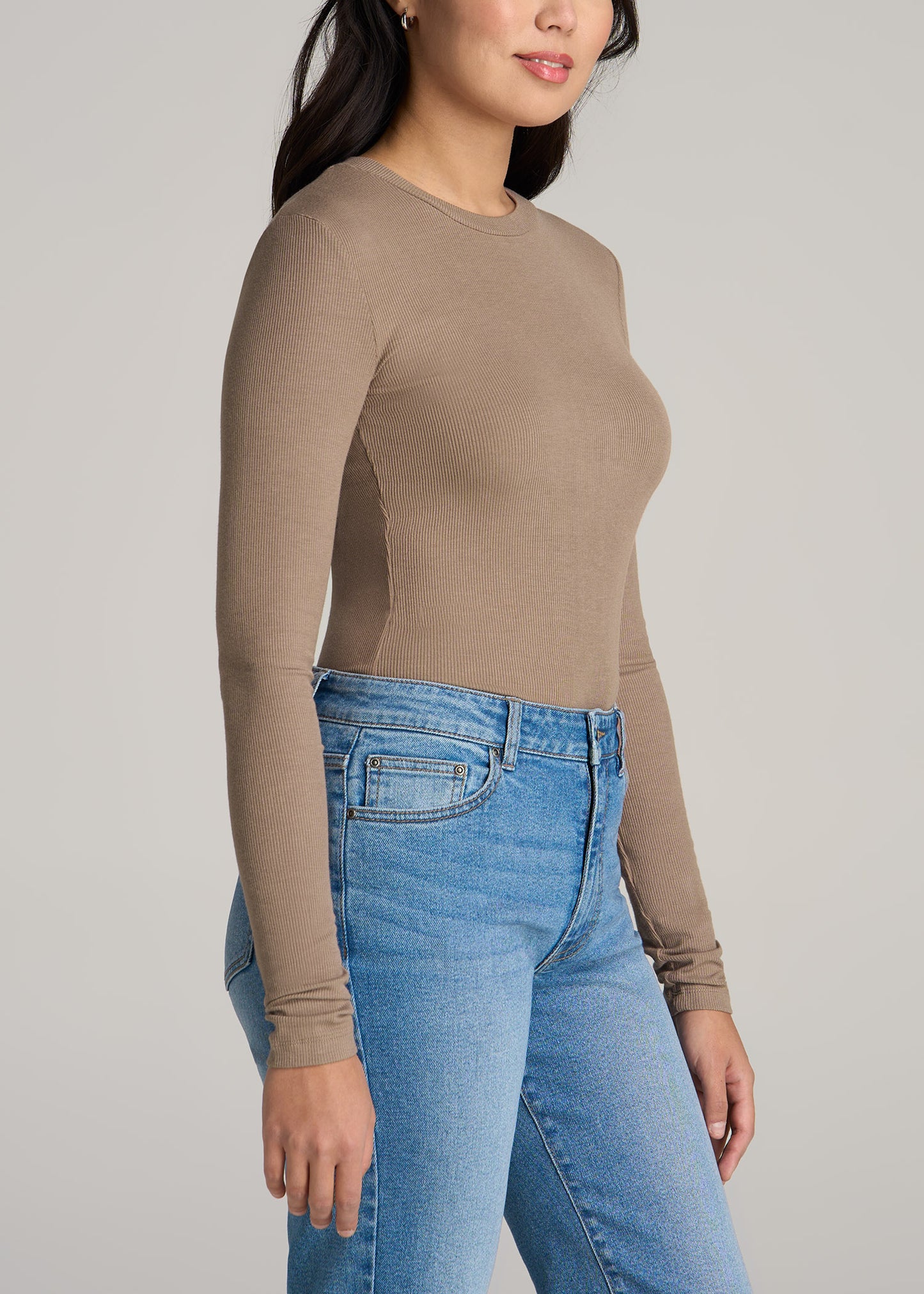 FITTED Ribbed Long Sleeve Tee in Latte - Tall Women's Shirts
