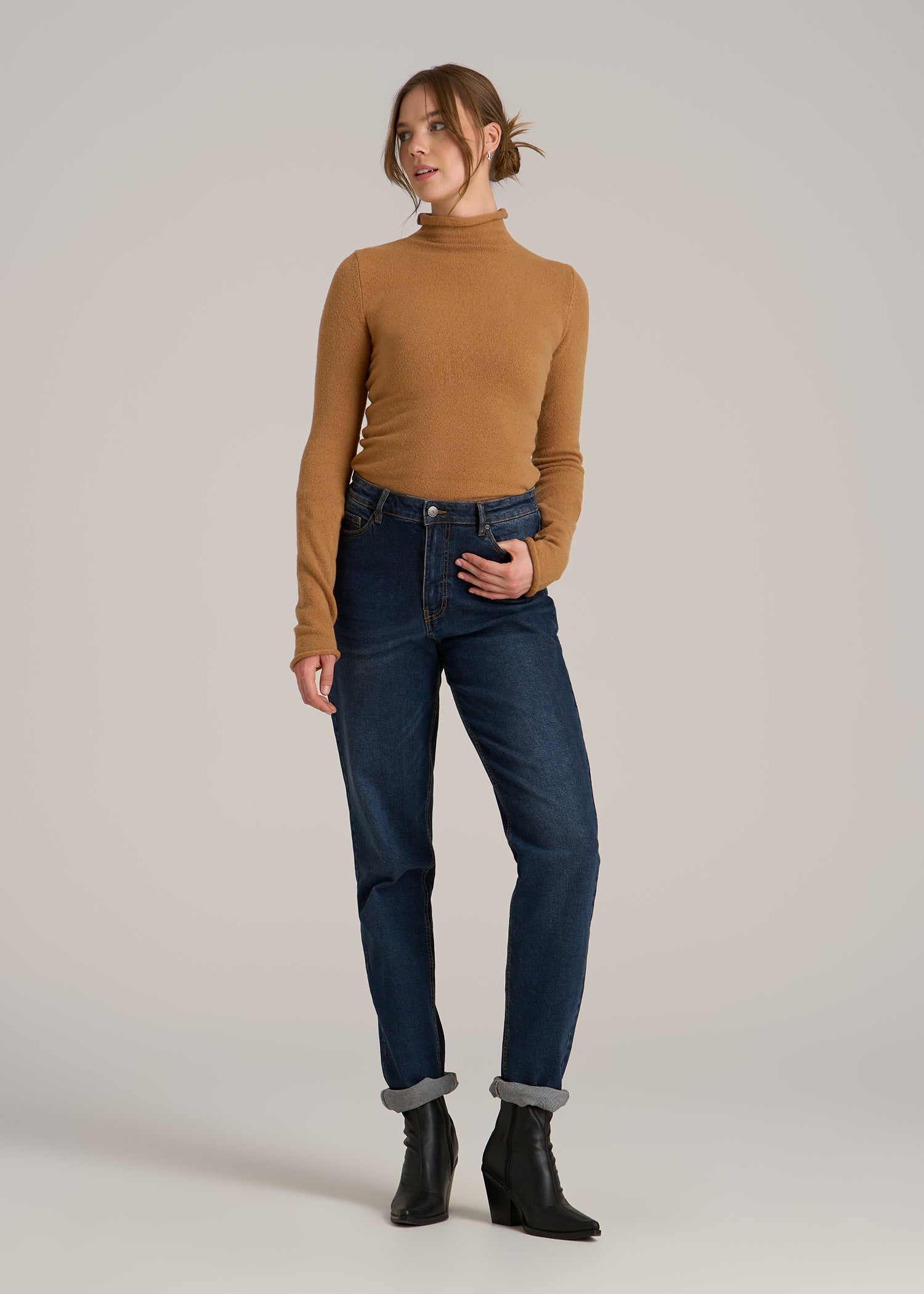Rolled Mock Neck Sweater for Tall Women in Caramel