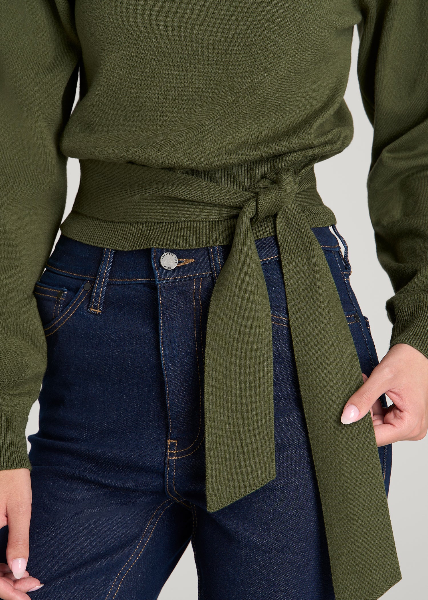 Rolled Neck Sweater with Tie for Tall Women in Bay Leaf