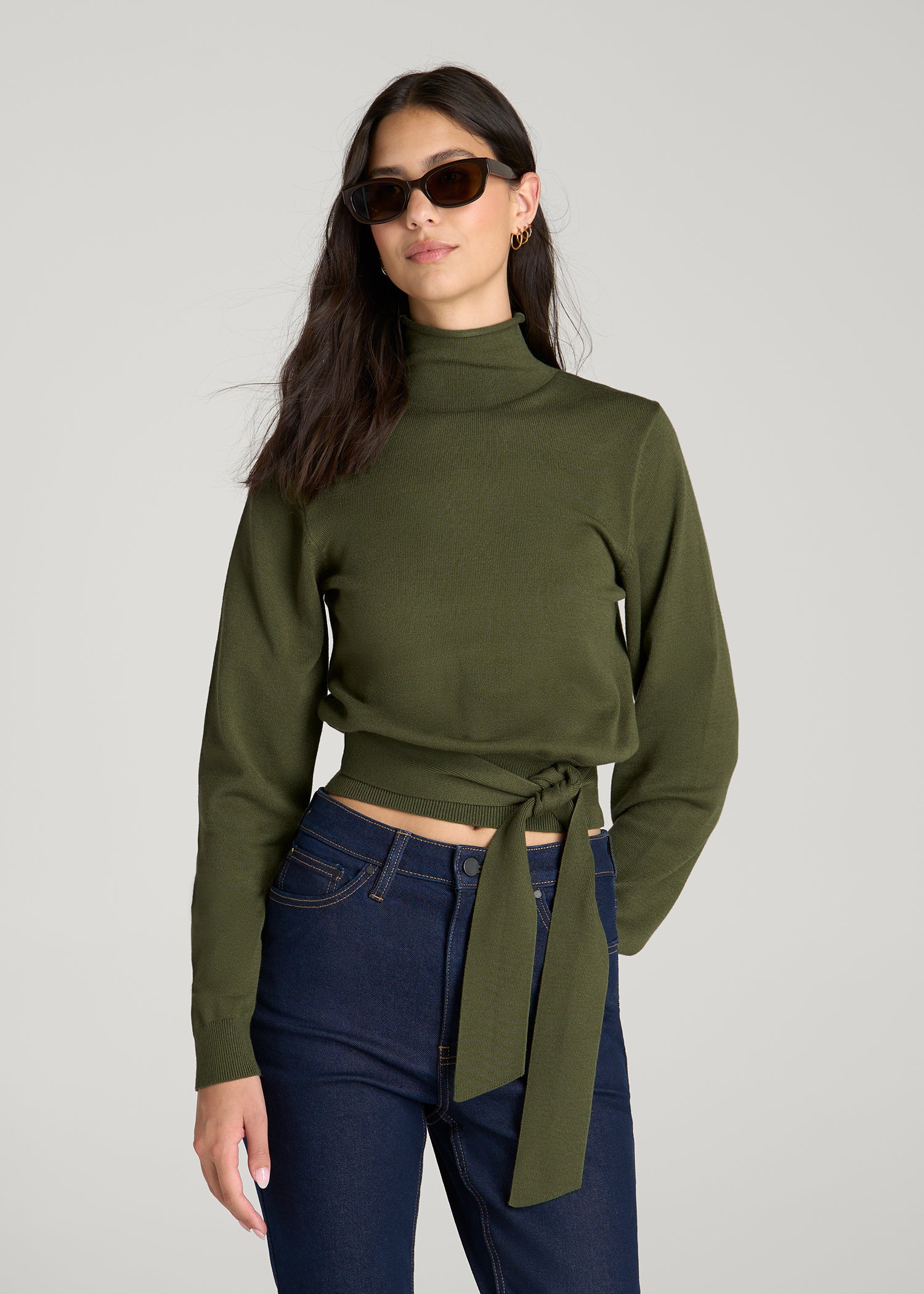 Rolled Neck Sweater with Tie for Tall Women in Bay Leaf