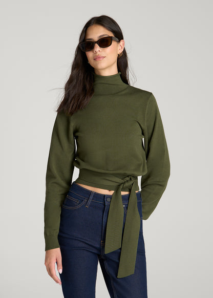 Rolled Neck Sweater with Tie for Tall Women in Bay Leaf