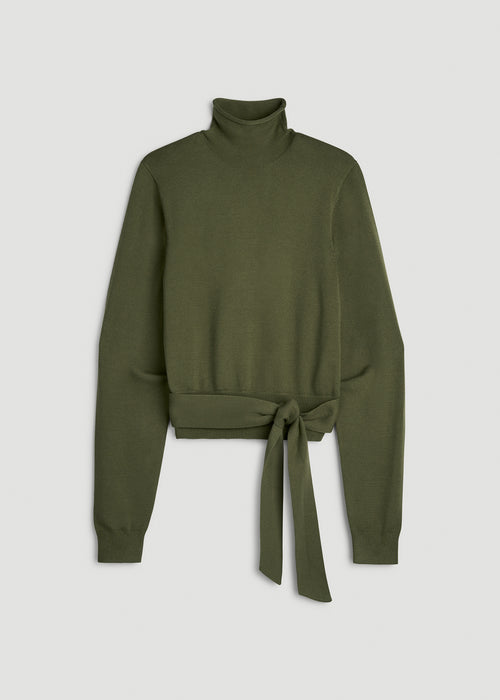 Rolled Neck Sweater with Tie for Tall Women in Bay Leaf
