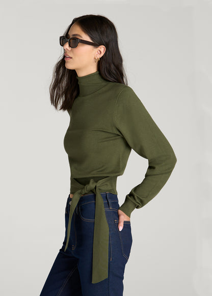 Rolled Neck Sweater with Tie for Tall Women in Bay Leaf