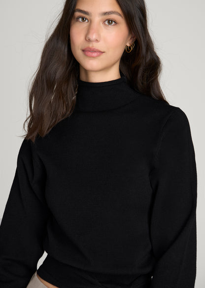 Rolled Neck Sweater with Tie for Tall Women in Deep Black