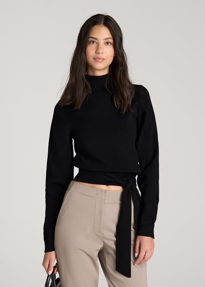 Rolled Neck Sweater with Tie for Tall Women in Deep Black
