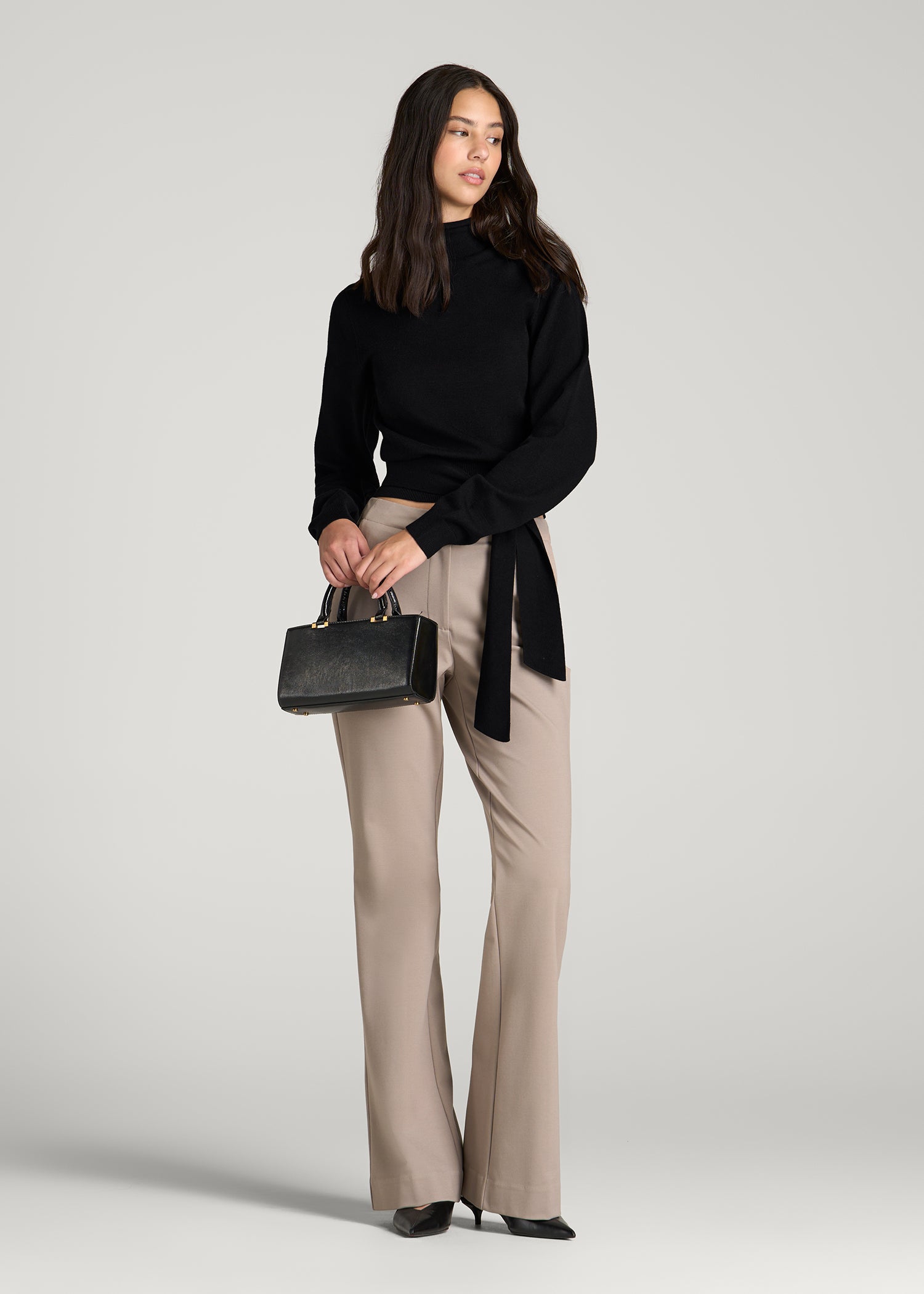 Rolled Neck Sweater with Tie for Tall Women in Deep Black