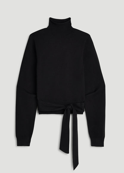 Rolled Neck Sweater with Tie for Tall Women in Deep Black