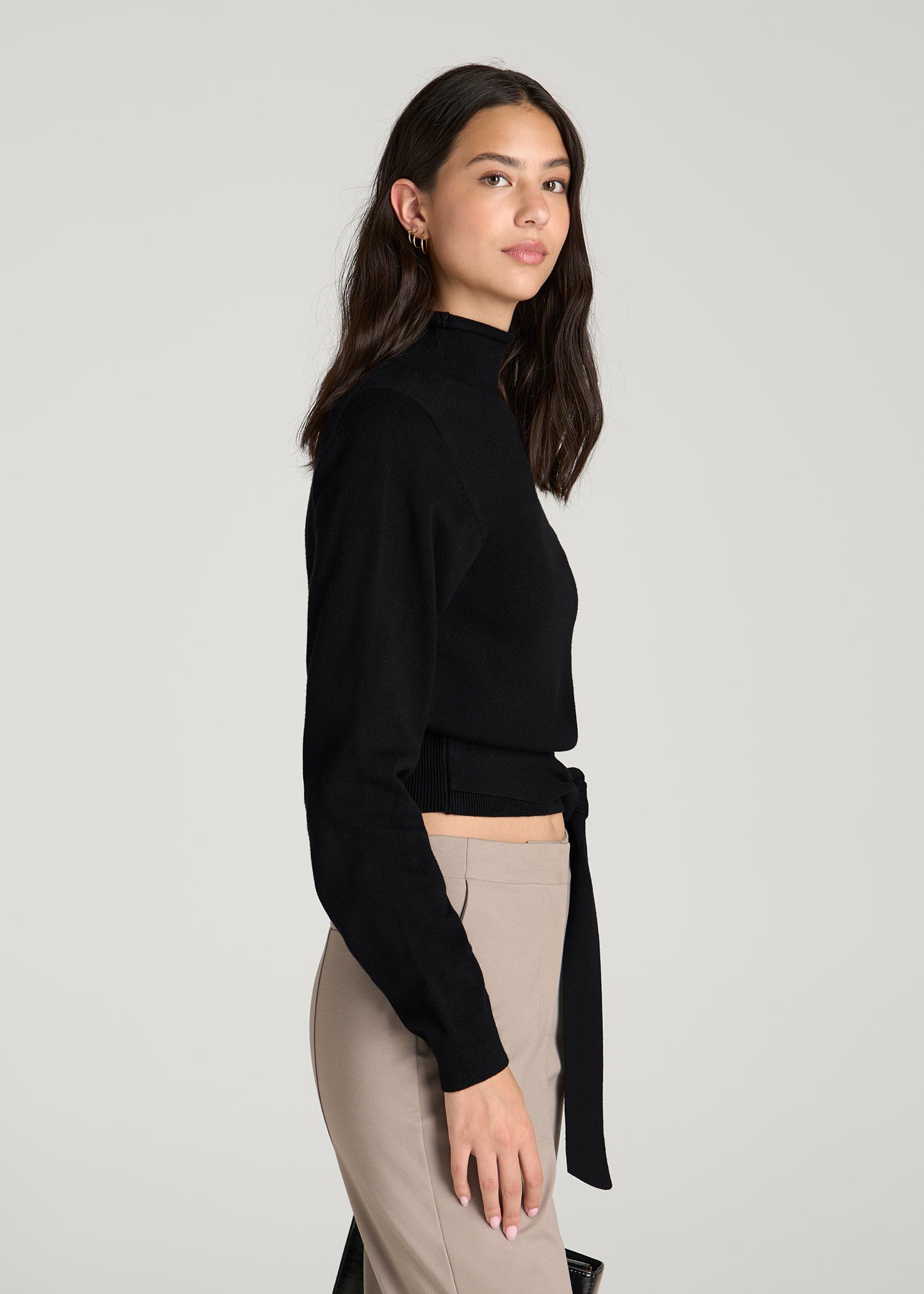 Rolled Neck Sweater with Tie for Tall Women in Deep Black