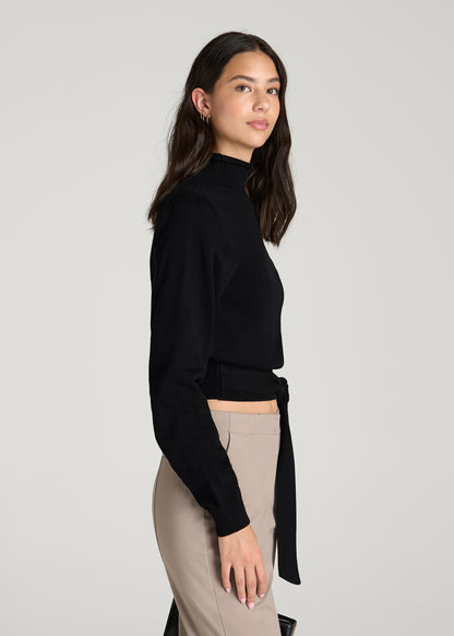 Rolled Neck Sweater with Tie for Tall Women in Deep Black