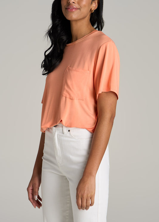 Short-Sleeve Oversized Crewneck Pocket T-Shirt for Tall Women in Apricot Crush