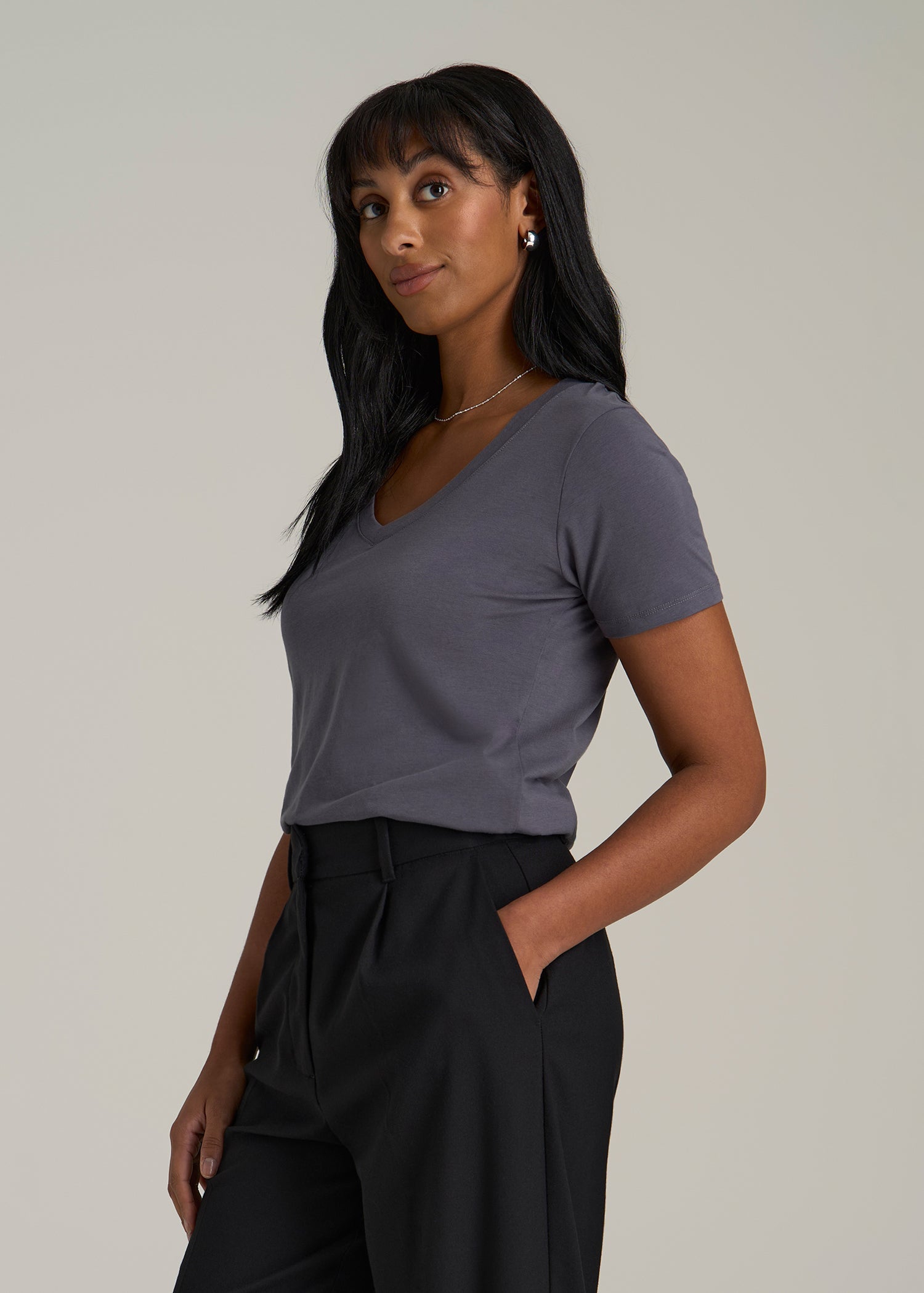 Scoop V-Neck Tee for Tall Women in Charcoal