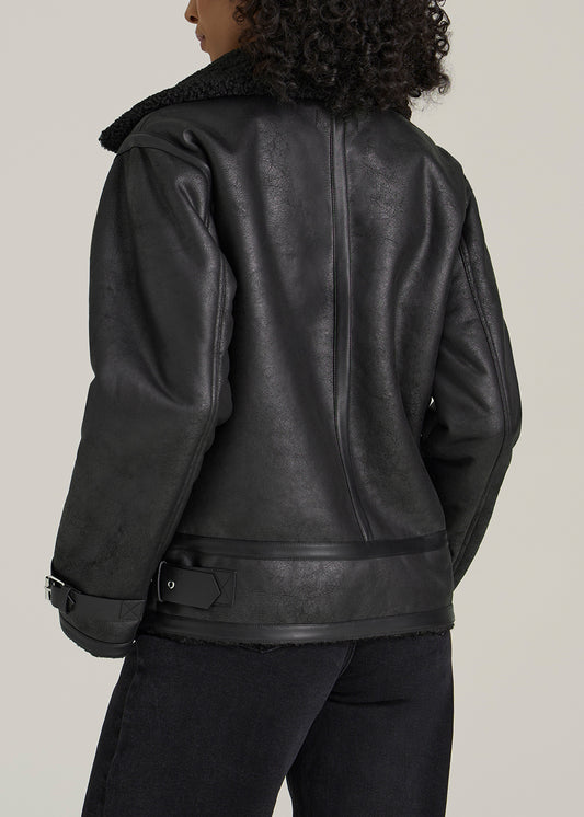 Shearling Moto Jacket for Tall Women in Black