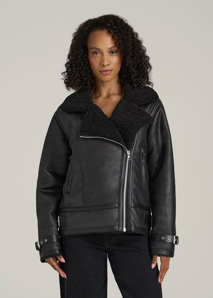 Shearling Moto Jacket for Tall Women in Black