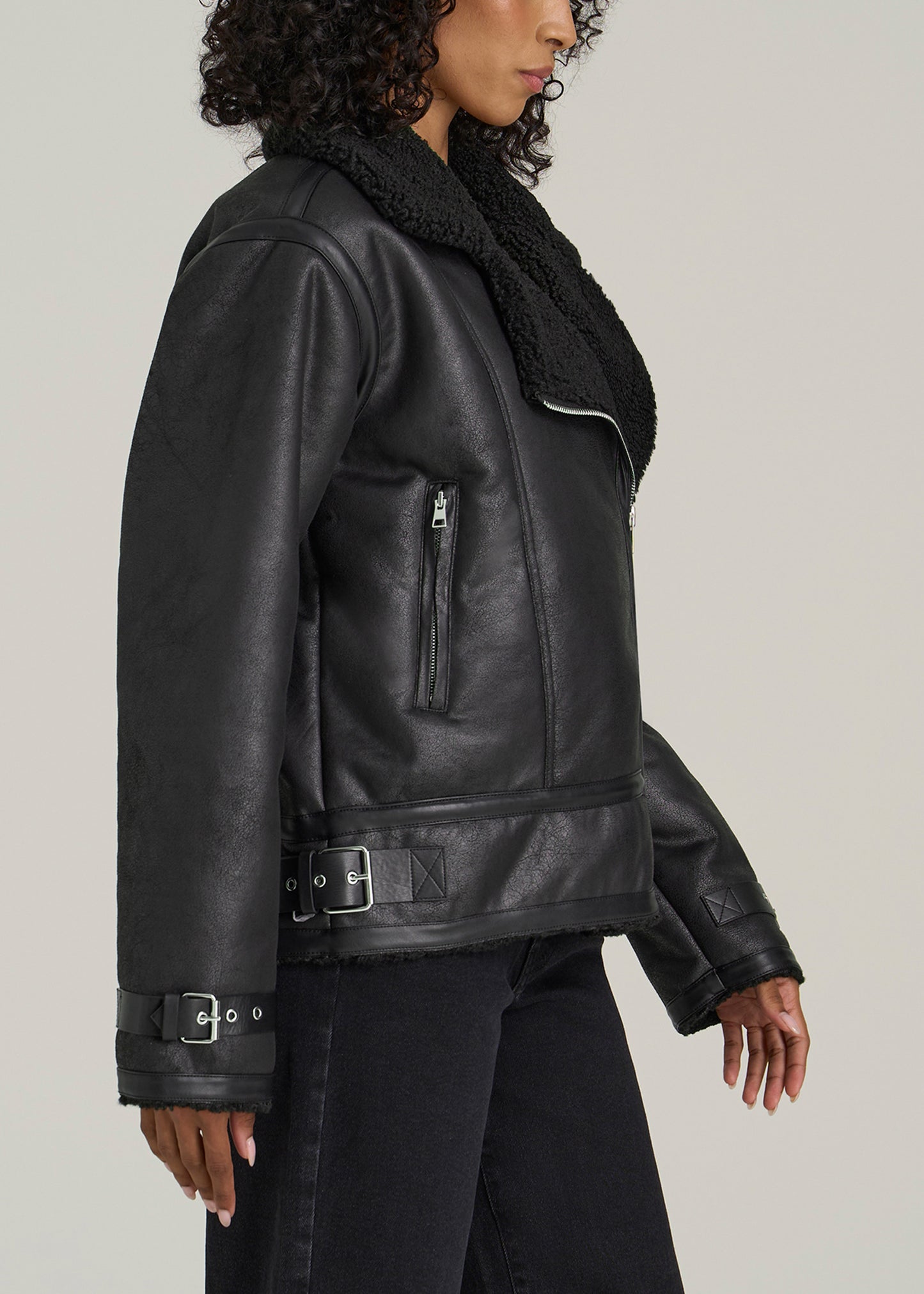 Shearling Moto Jacket for Tall Women in Black