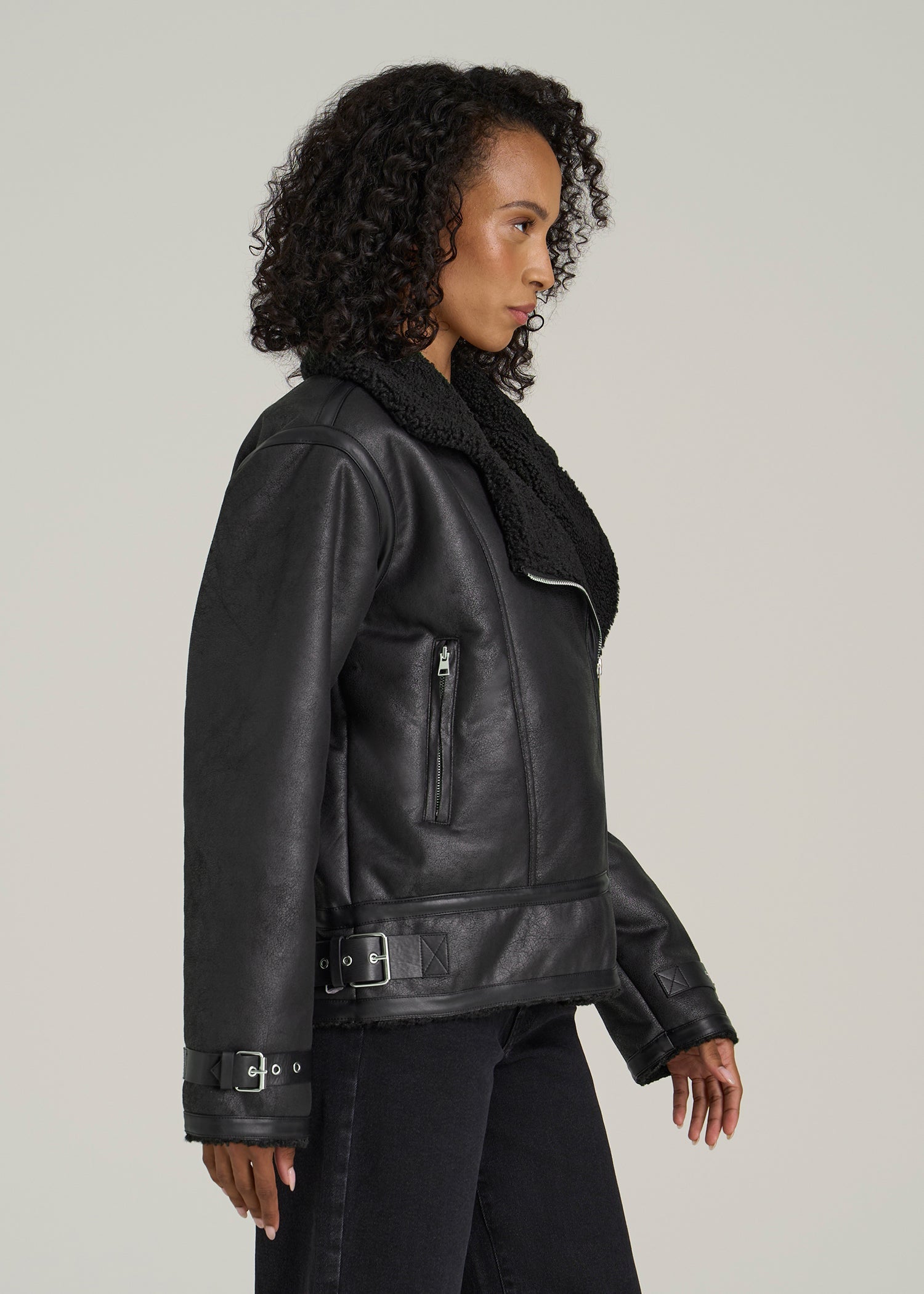 Shearling Moto Jacket for Tall Women in Black