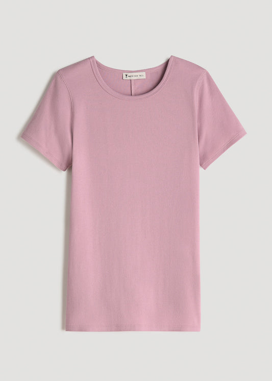 Short Sleeve Crew Neck Ribbed T-Shirt for Tall Women in Pink Peony